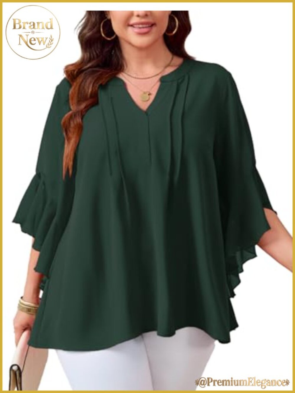 Plus Size Chiffon Blouse 3/4 Ruffle Sleeve V-Neck Dressy Tunic Top